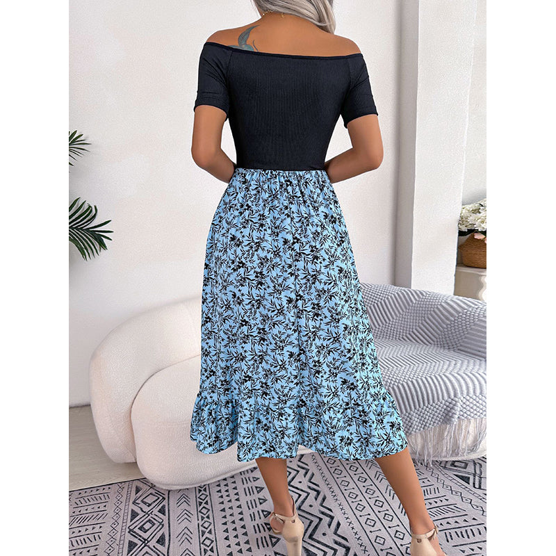 Blue Floral Printed A-Line Midi Dress