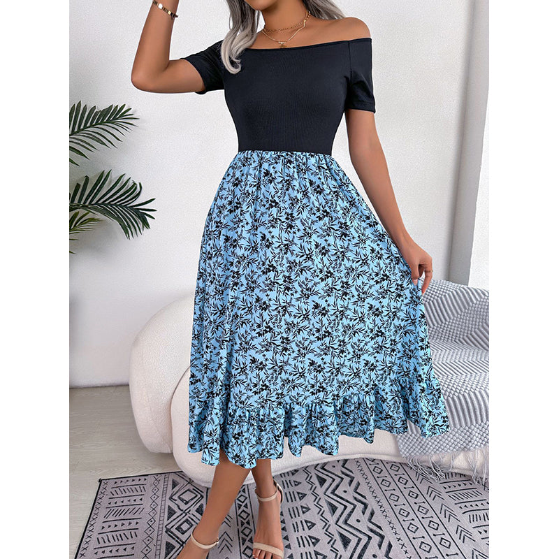 Blue Floral Printed A-Line Midi Dress