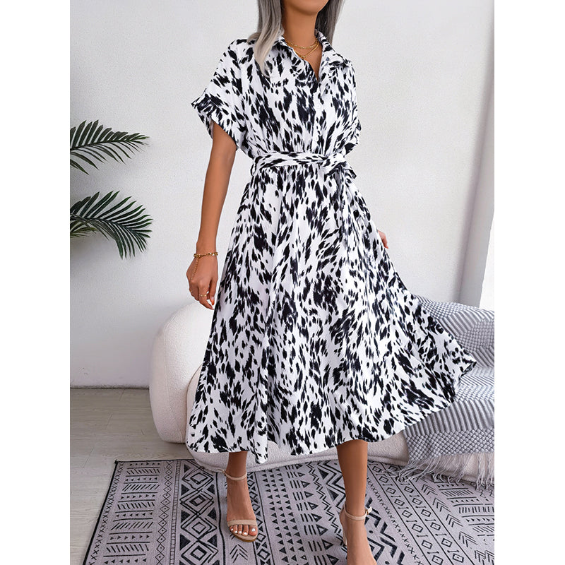 Shirt Collar Extended Sleeves Abstract Print Fit & Flare Midi Dress