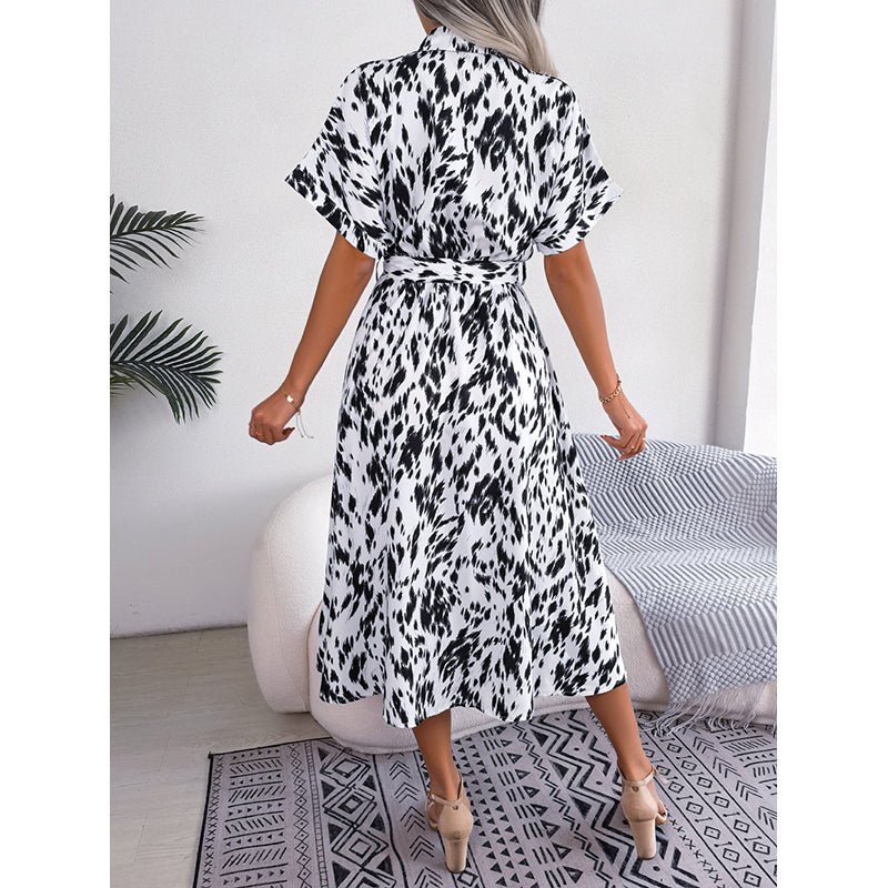Shirt Collar Extended Sleeves Abstract Print Fit & Flare Midi Dress