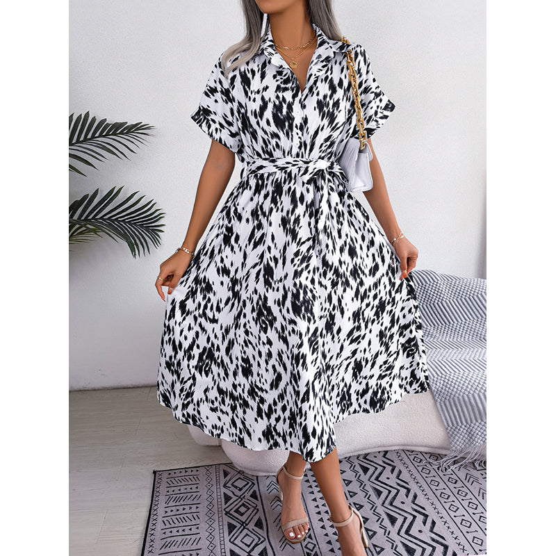 Shirt Collar Extended Sleeves Abstract Print Fit & Flare Midi Dress