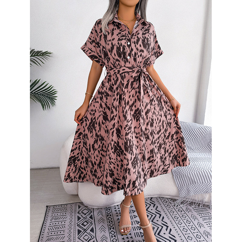 Animal Printed Shirt Collar Extended Sleeves Fit & Flare Midi Dress