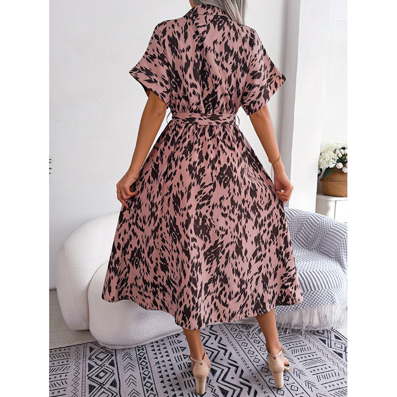 Animal Printed Shirt Collar Extended Sleeves Fit & Flare Midi Dress