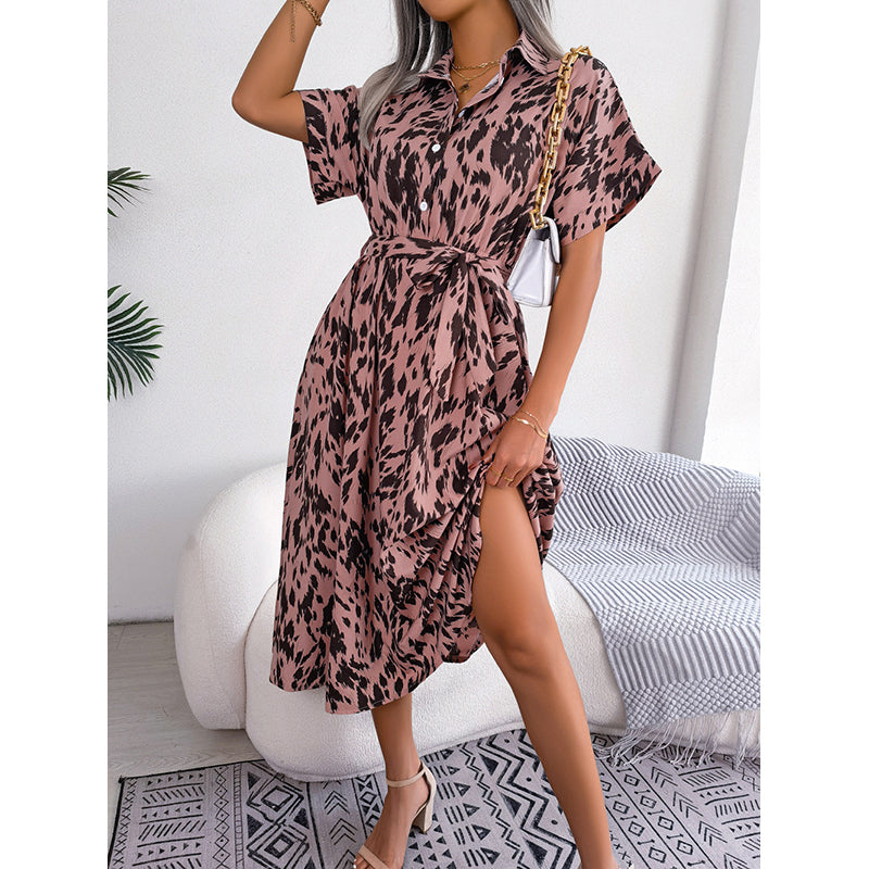 Animal Printed Shirt Collar Extended Sleeves Fit & Flare Midi Dress