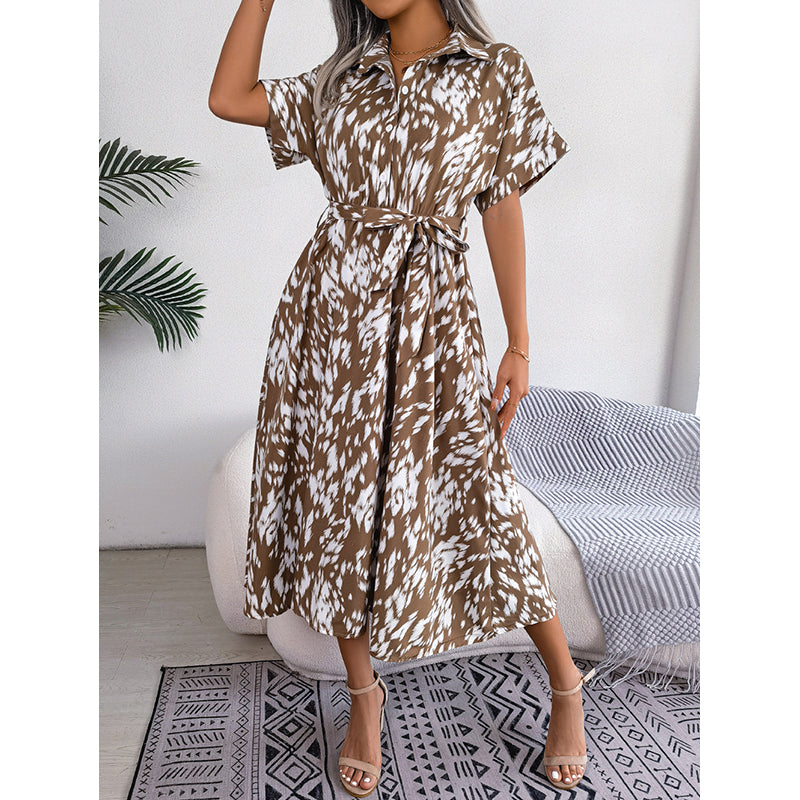 Khaki Animal Print Shirt Collar Shirt Midi Dress