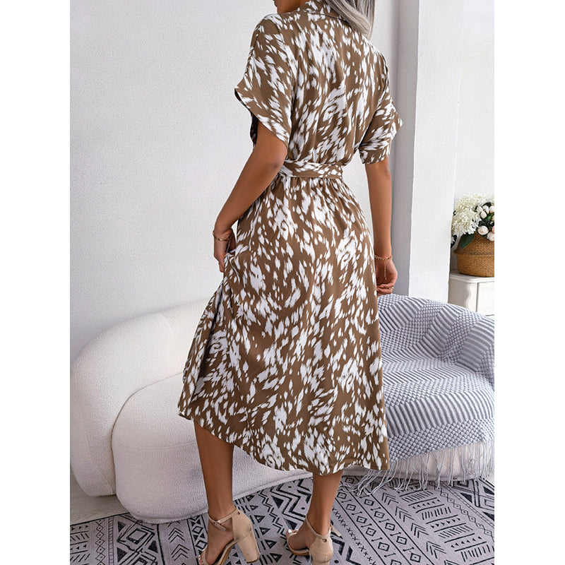 Khaki Animal Print Shirt Collar Shirt Midi Dress