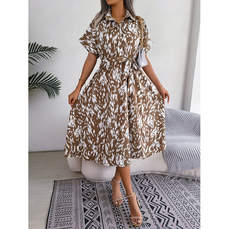 Khaki Animal Print Shirt Collar Shirt Midi Dress