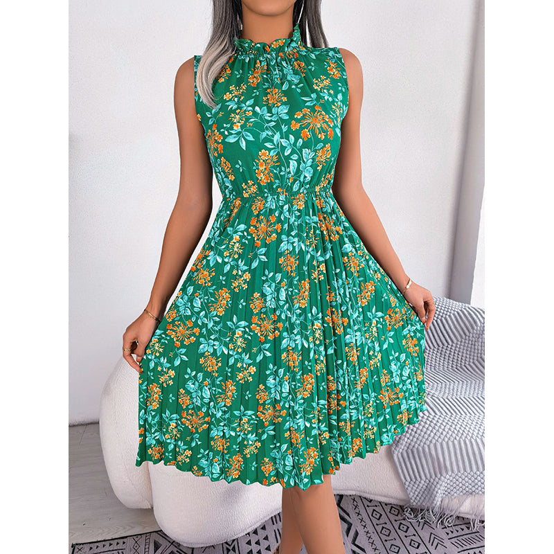 Green Floral Printed High Neck Fit & Flare Midi Dress