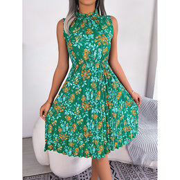 Green Floral Printed High Neck Fit & Flare Midi Dress