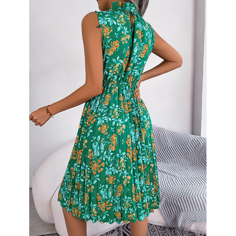 Green Floral Printed High Neck Fit & Flare Midi Dress