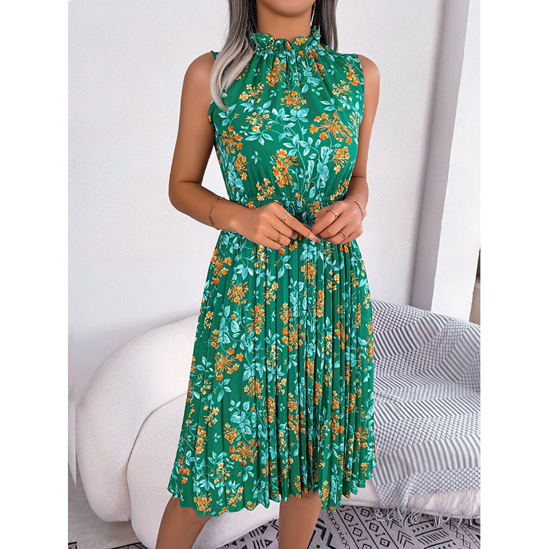 Green Floral Printed High Neck Fit & Flare Midi Dress