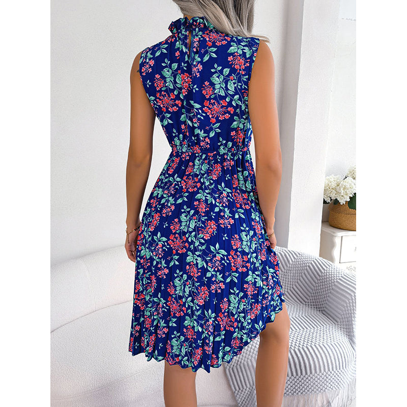 High Neck Sleeveless Floral Print Fit & Flare Midi Dress