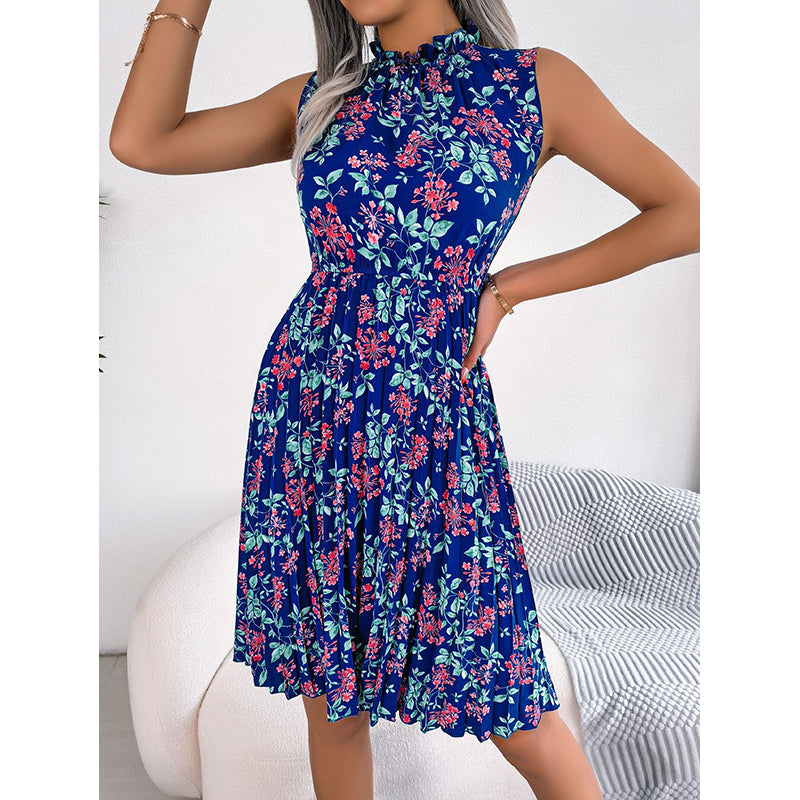 High Neck Sleeveless Floral Print Fit & Flare Midi Dress