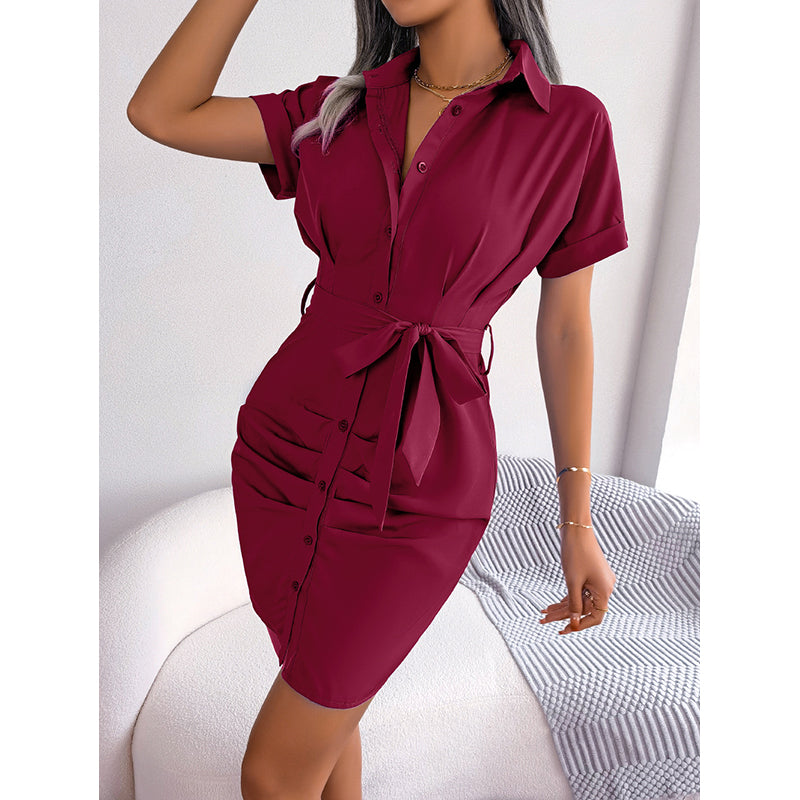 Maroon Shirt Collar Shirt Dress