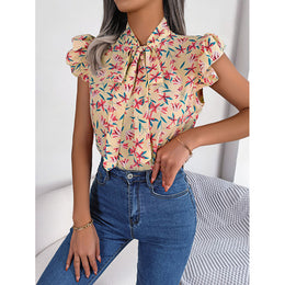 Floral Print Tie-Up Neck Flutter Sleeve Top