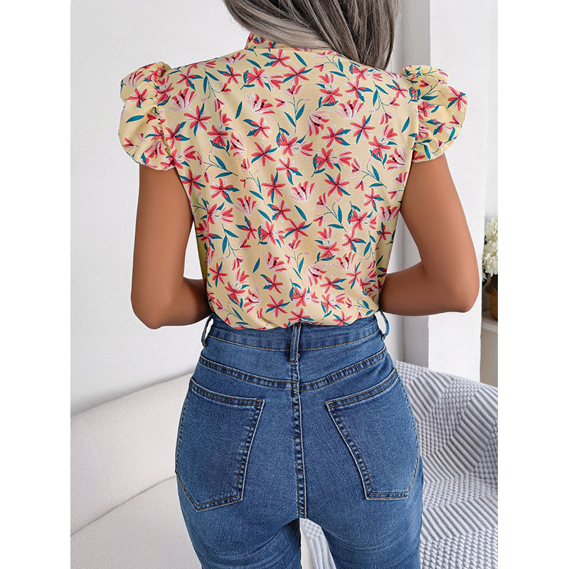 Floral Print Tie-Up Neck Flutter Sleeve Top
