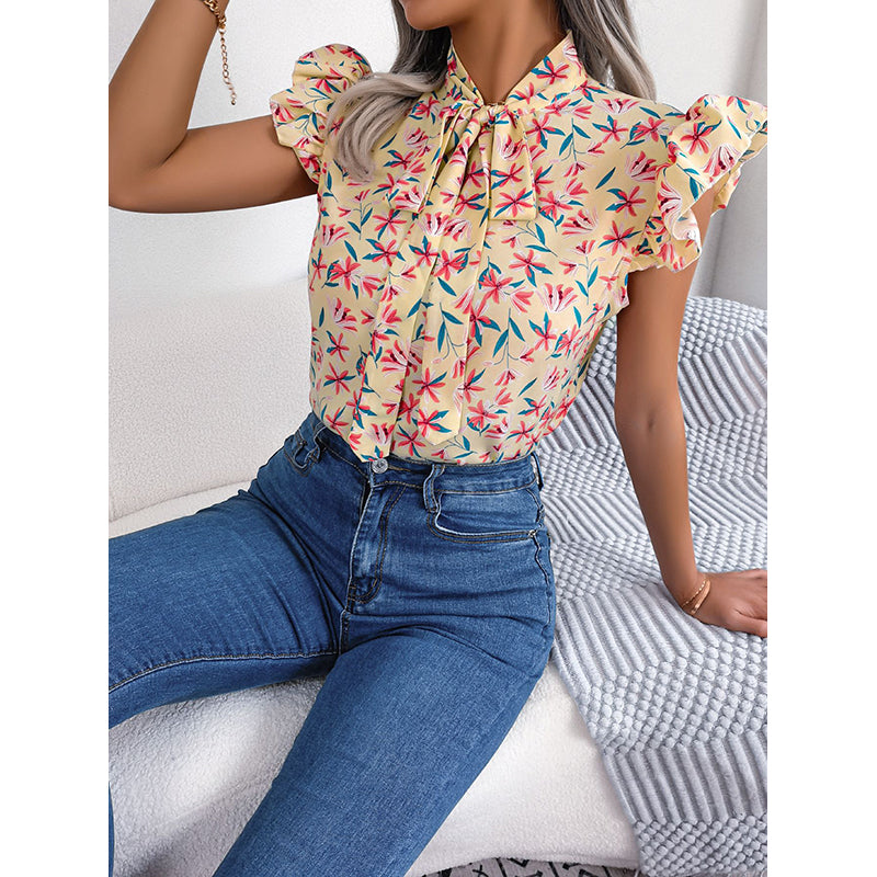 Floral Print Tie-Up Neck Flutter Sleeve Top