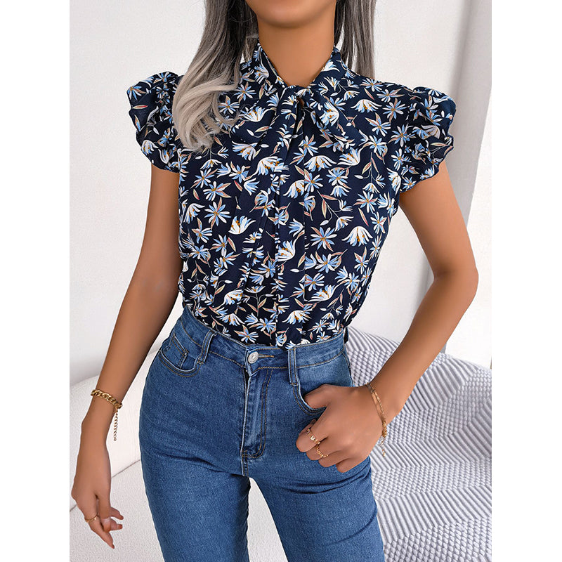 Floral Print Tie-Up Neck Flutter Sleeve Top