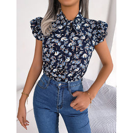 Floral Print Tie-Up Neck Flutter Sleeve Top