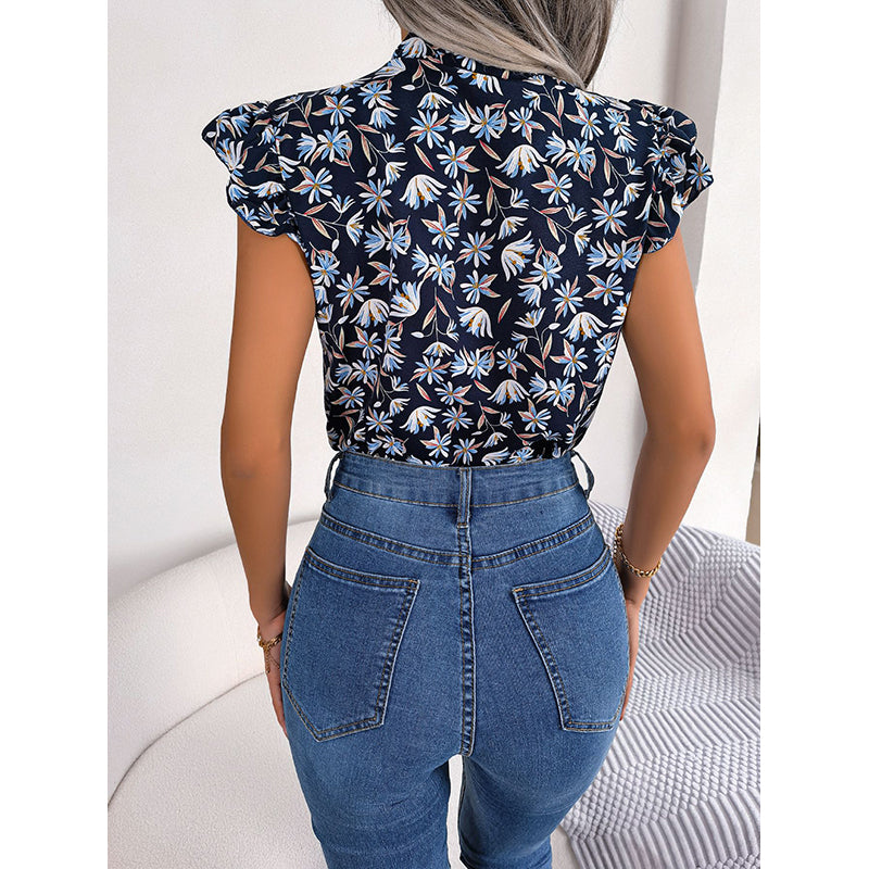 Floral Print Tie-Up Neck Flutter Sleeve Top