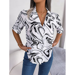 White Abstract Printed Shirt Style Top