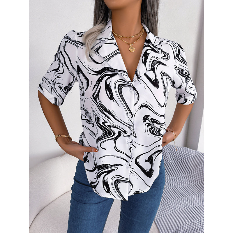 White Abstract Printed Shirt Style Top