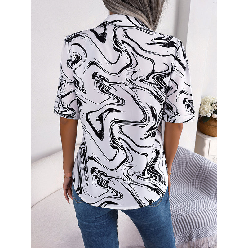 White Abstract Printed Shirt Style Top