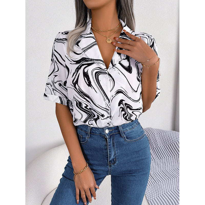 White Abstract Printed Shirt Style Top