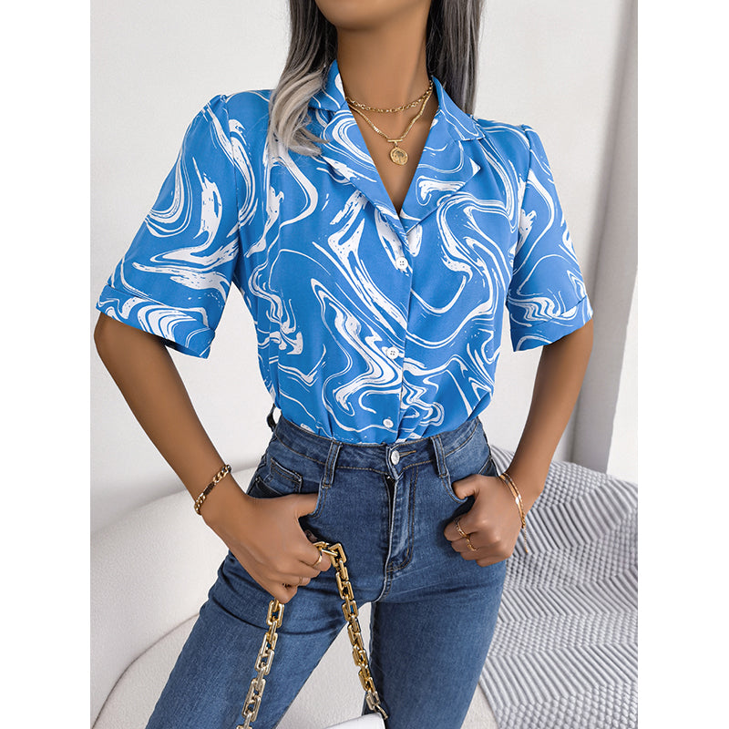 White Abstract Printed Shirt Style Top
