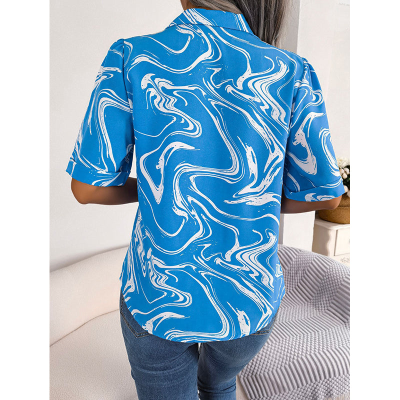 White Abstract Printed Shirt Style Top