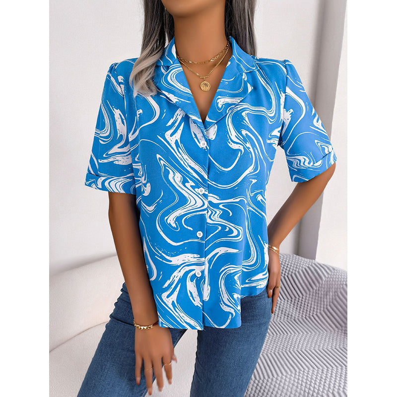 White Abstract Printed Shirt Style Top