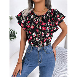 Black Floral Printed Tie Up Neck Flutter Sleeve Top