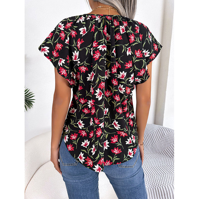 Black Floral Printed Tie Up Neck Flutter Sleeve Top