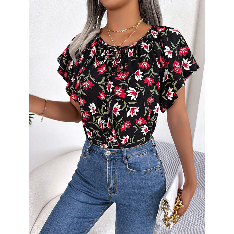 Black Floral Printed Tie Up Neck Flutter Sleeve Top