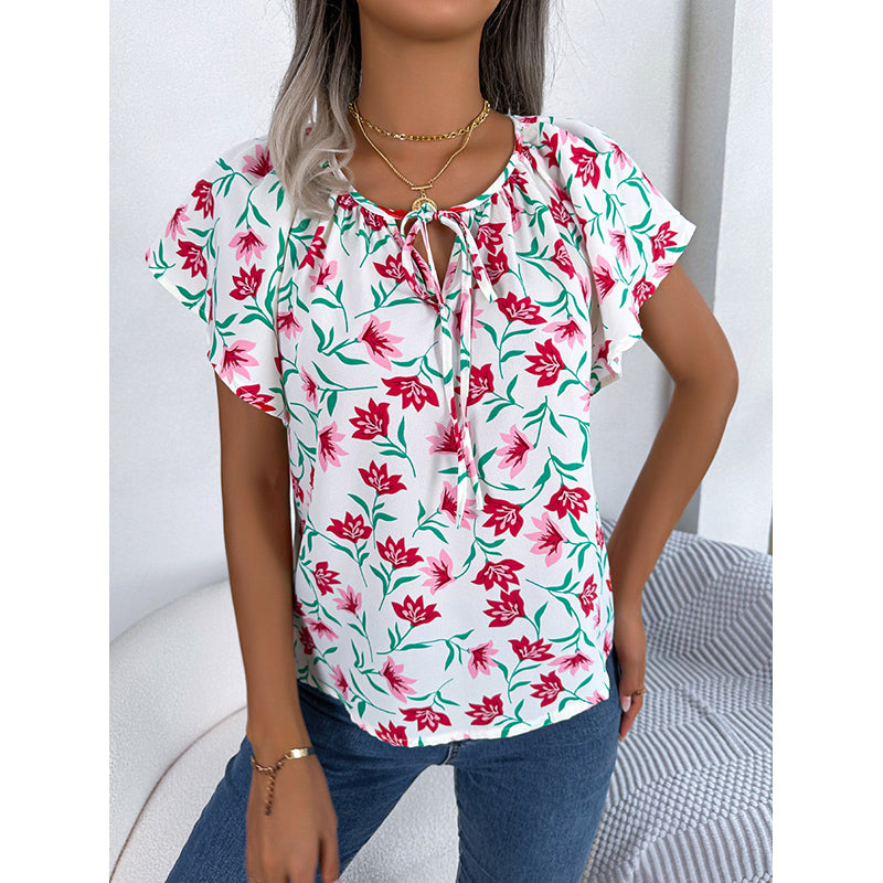 White Floral Print Tie-Up Neck Flutter Sleeve Top