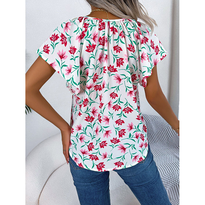 White Floral Print Tie-Up Neck Flutter Sleeve Top