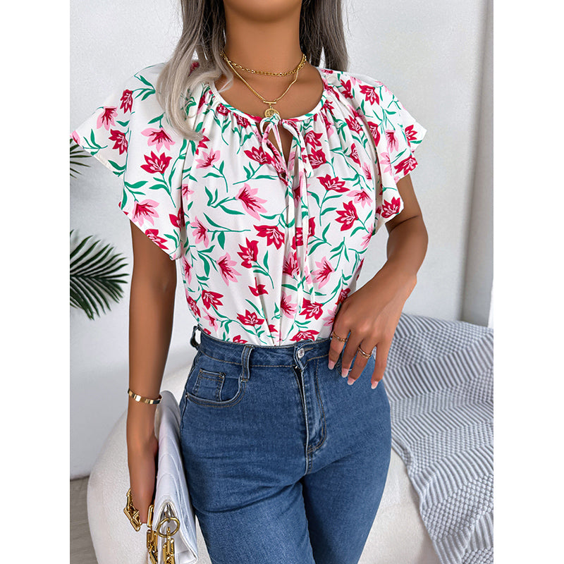 White Floral Print Tie-Up Neck Flutter Sleeve Top