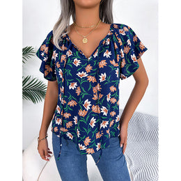 Navy Blue Floral Print V-Neck Flutter Sleeve Top