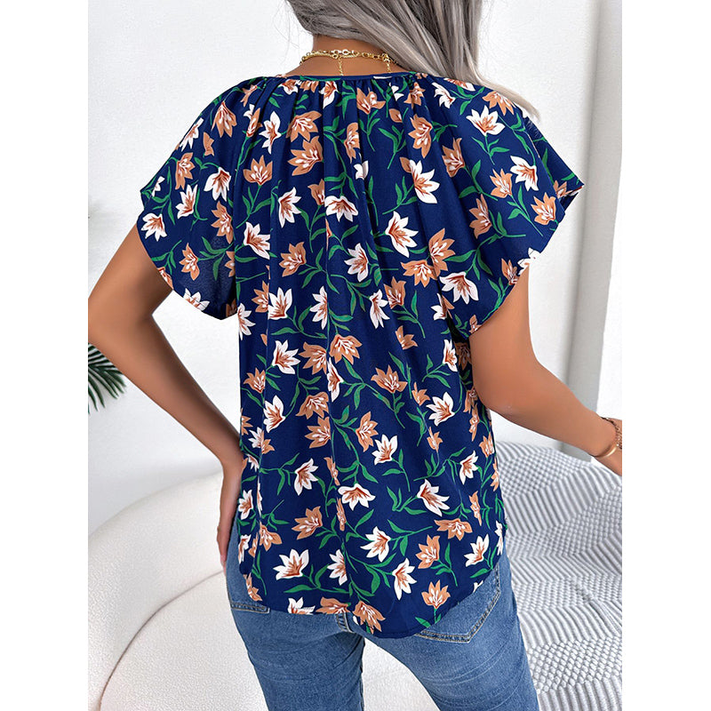 Navy Blue Floral Print V-Neck Flutter Sleeve Top