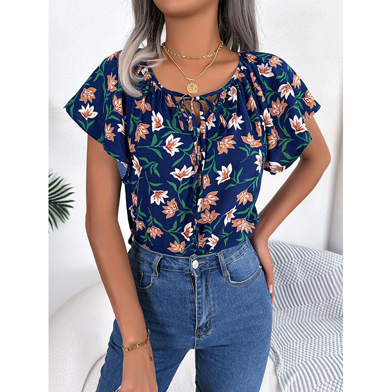 Navy Blue Floral Print V-Neck Flutter Sleeve Top