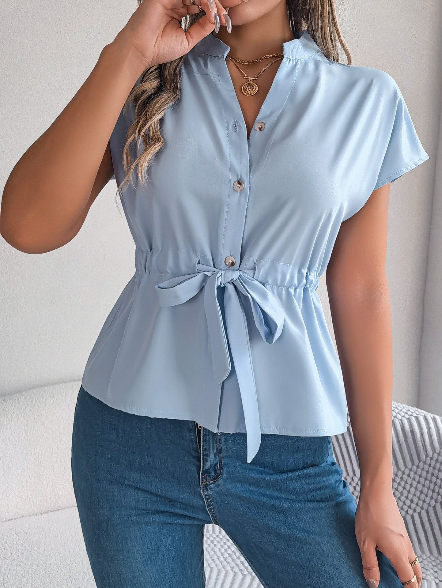 Women Mandarin Collar Shirt Style Top