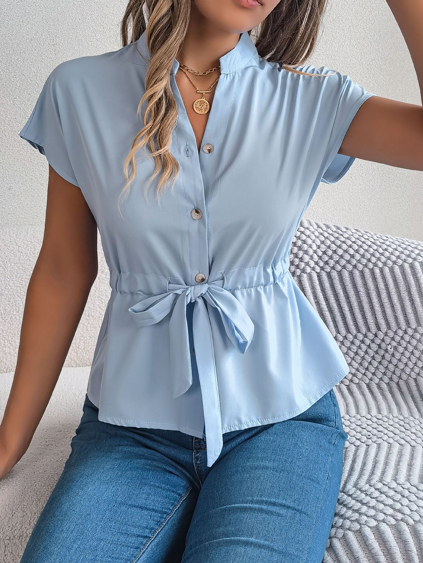 Women Mandarin Collar Shirt Style Top
