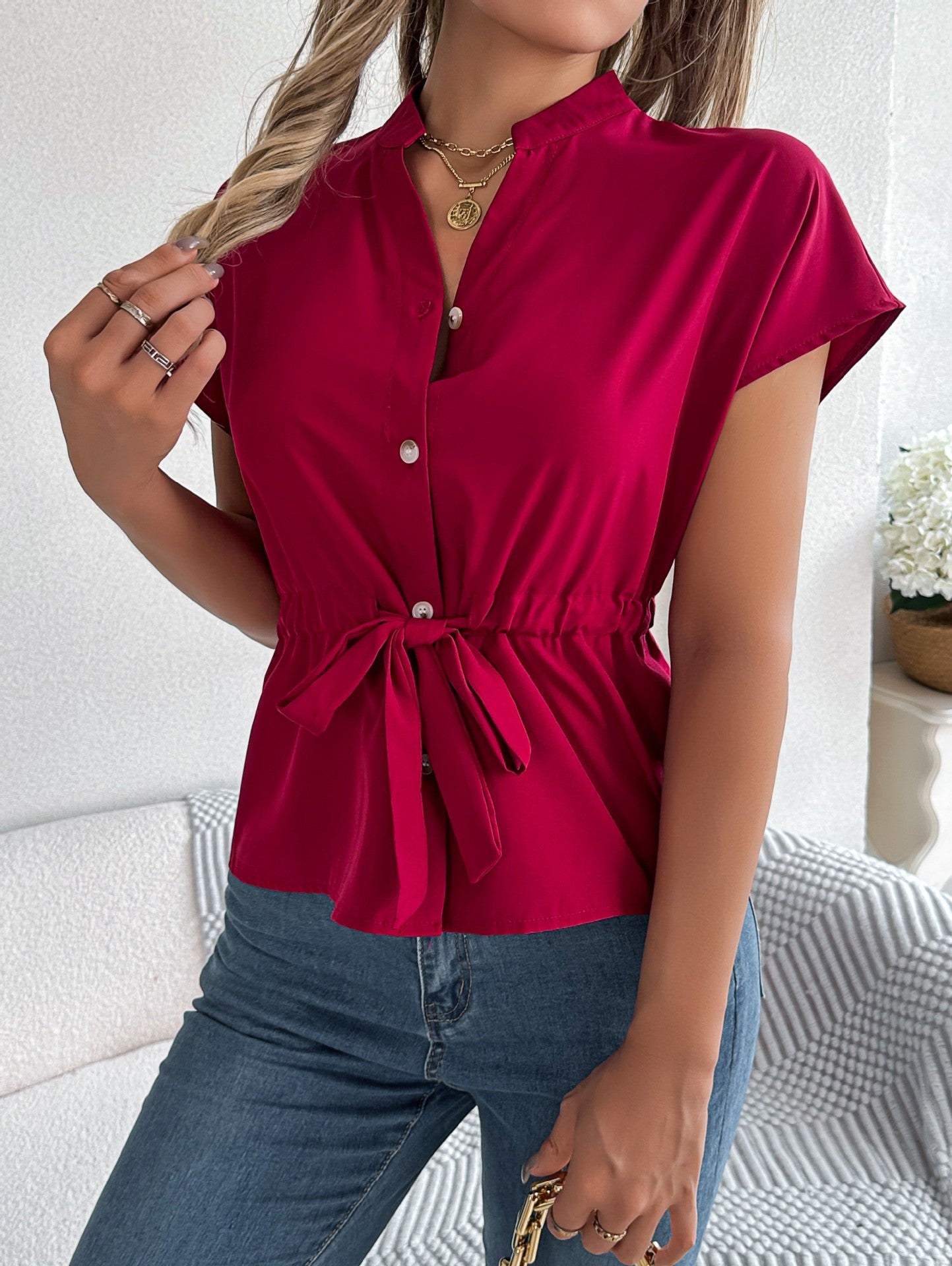 Women Mandarin Collar Peplum Top