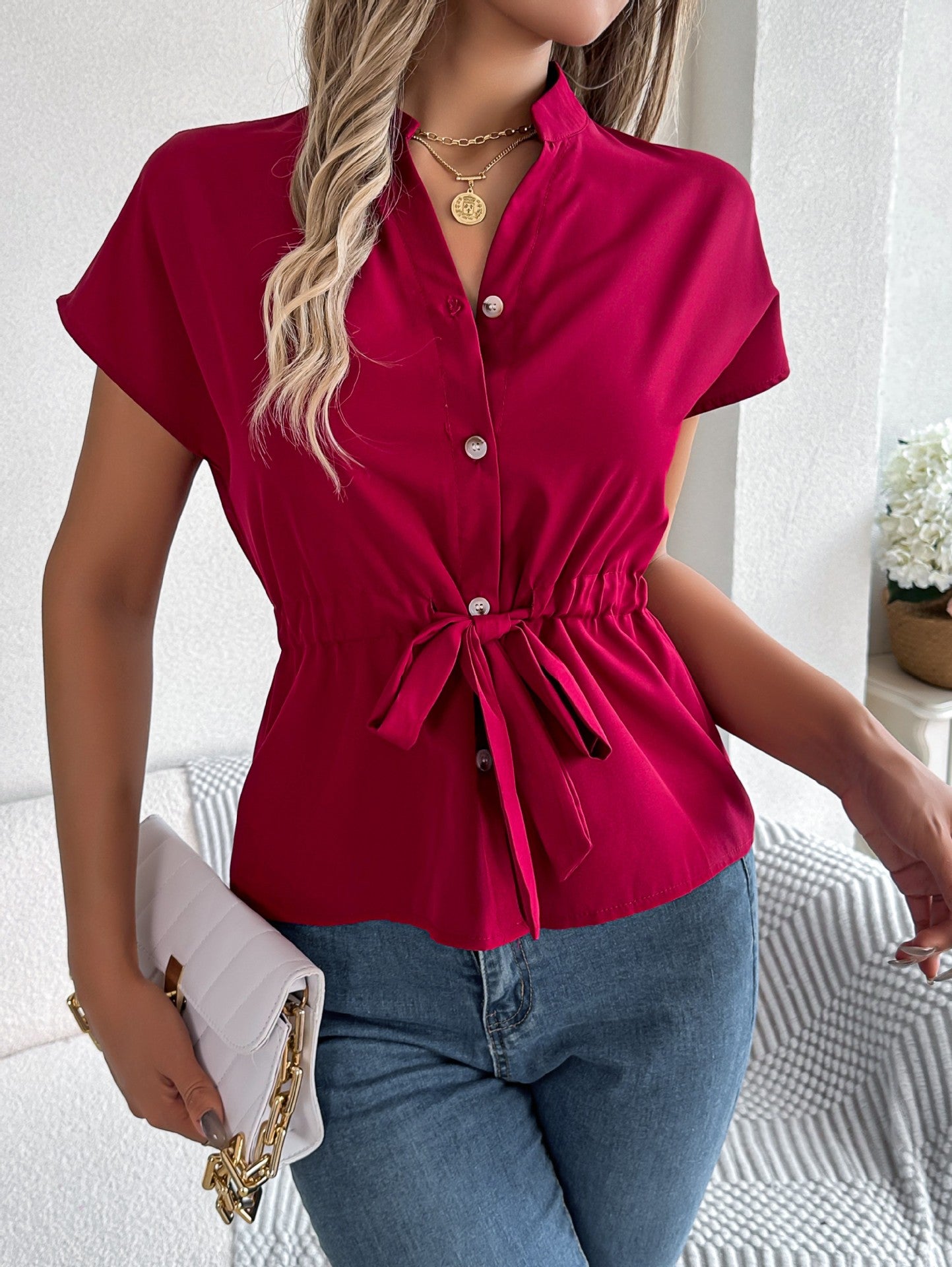 Women Mandarin Collar Peplum Top