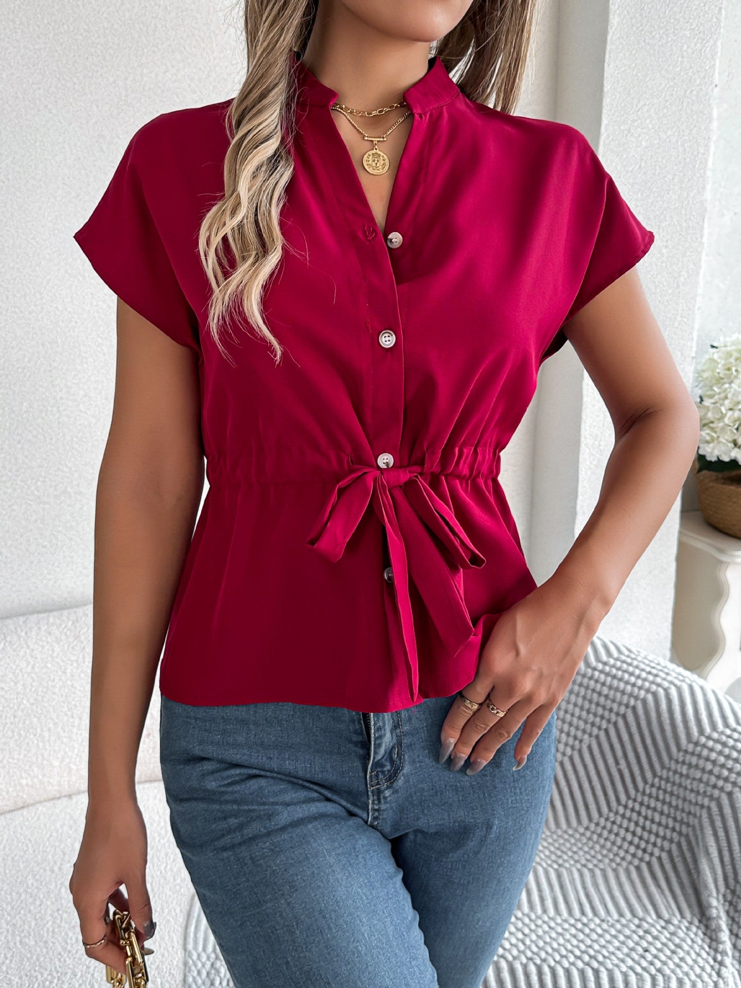 Women Mandarin Collar Peplum Top