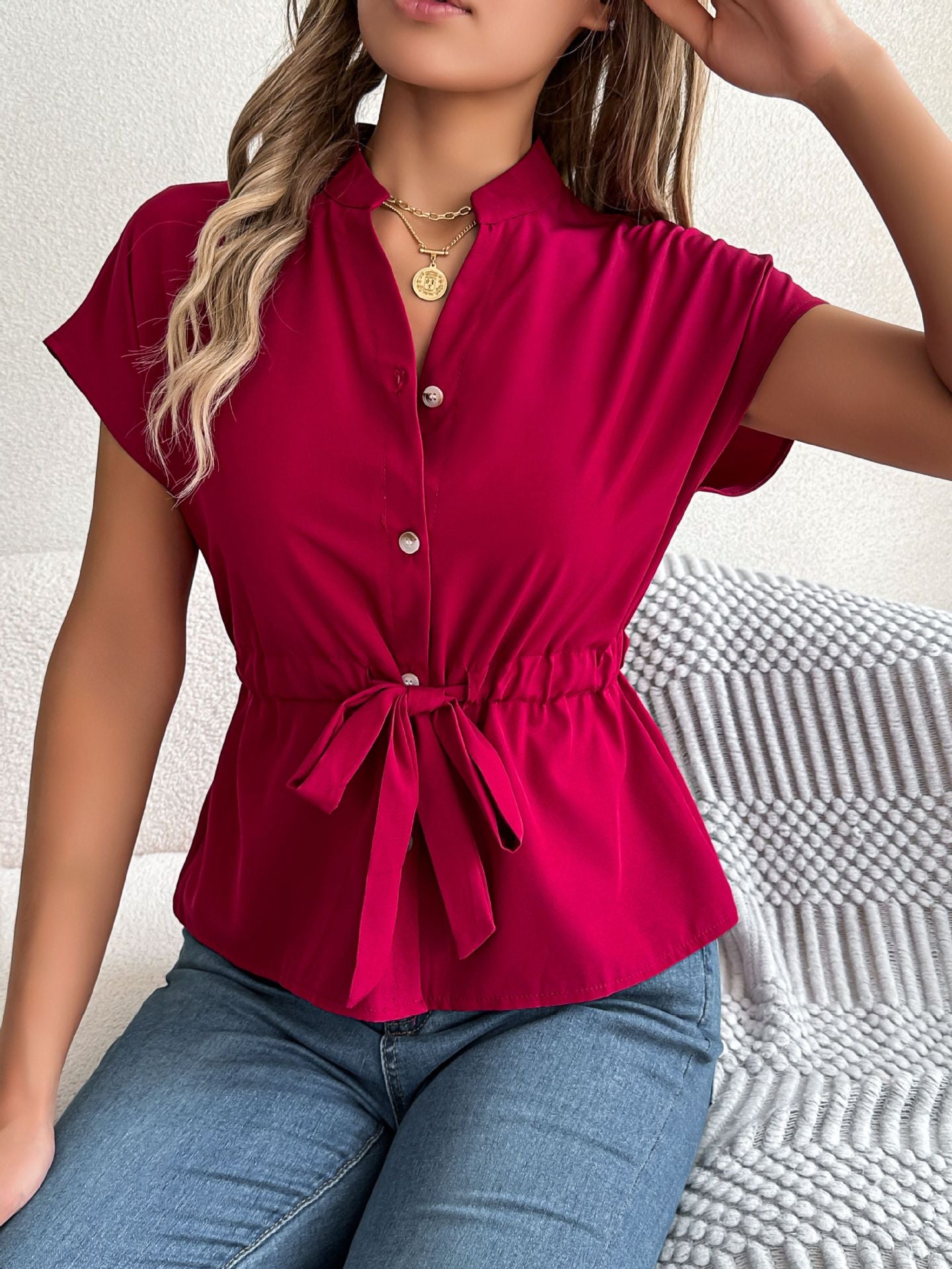 Women Mandarin Collar Peplum Top
