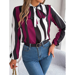 Maroon Striped Tie-Up Neck Shirt Style Top