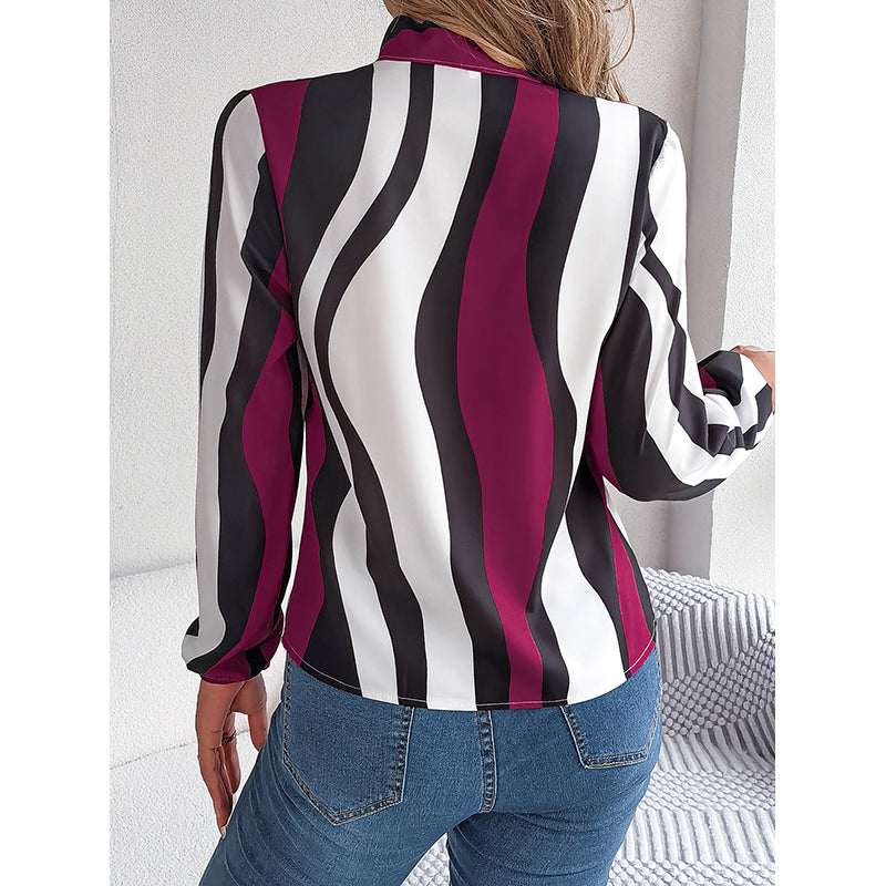 Maroon Striped Tie-Up Neck Shirt Style Top