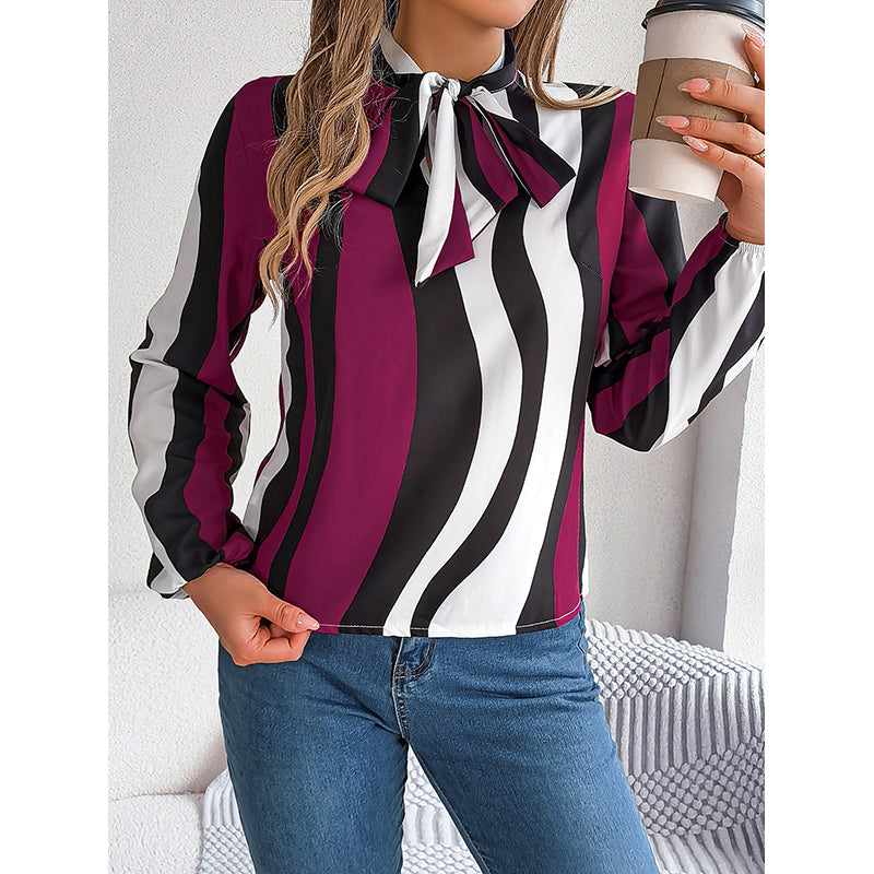 Maroon Striped Tie-Up Neck Shirt Style Top