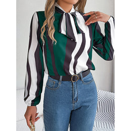 Green Striped Tie Up Neck Puff Sleeves Top